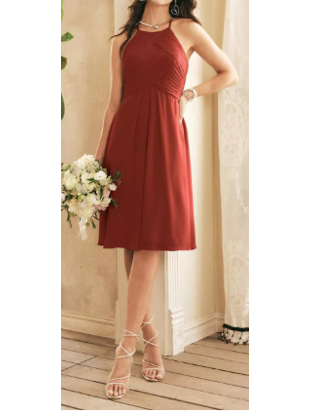 AW BRIDAL 2 XS rust red chiffon Becky halter party knee length dress NEW  0b1